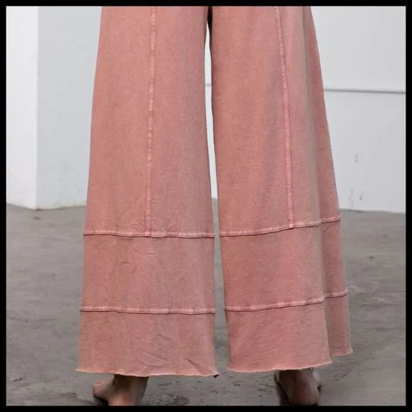 EASEL "Perfect Cargo" Terry Knit Mineral Washed Flared Leg Pants Raw Hem & Seams - Picture 7 of 14